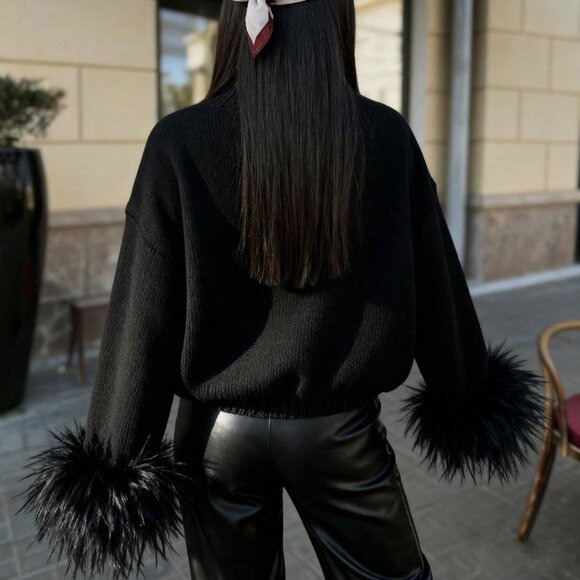 Black Festive Women's Furry Cuffs Metal Buttons Cardigan - Picture 6 of 11